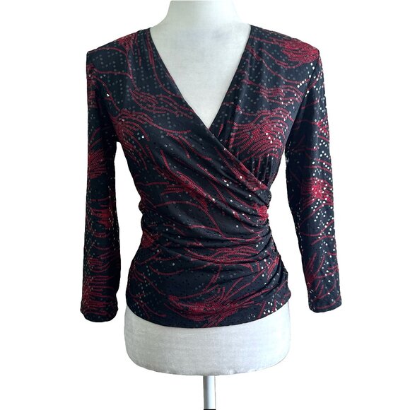 Vintage Tops - JBS Vintage 90s Black Floral Faux Wrap Sequin Blouse Top